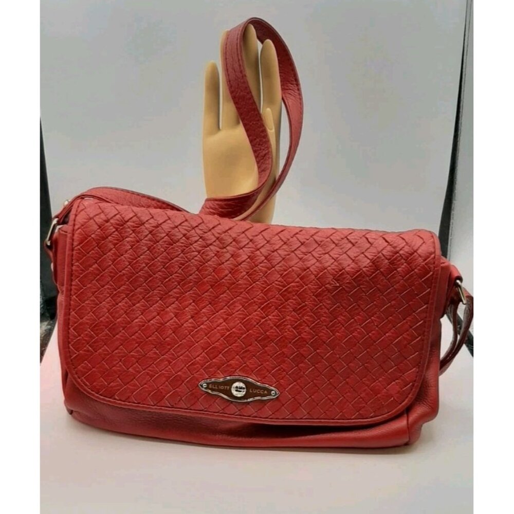 Elliott Lucca Lipstick Red Leather Shoulder Purse Woven Accent Womans Adjustable